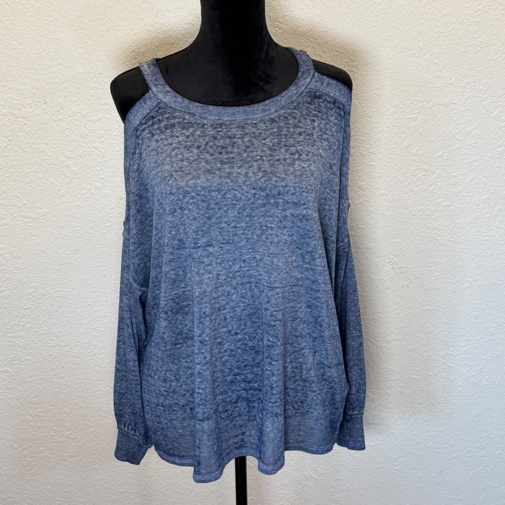 We The Free Free People Women Blue Cold Shoulder Burnout Knit Top